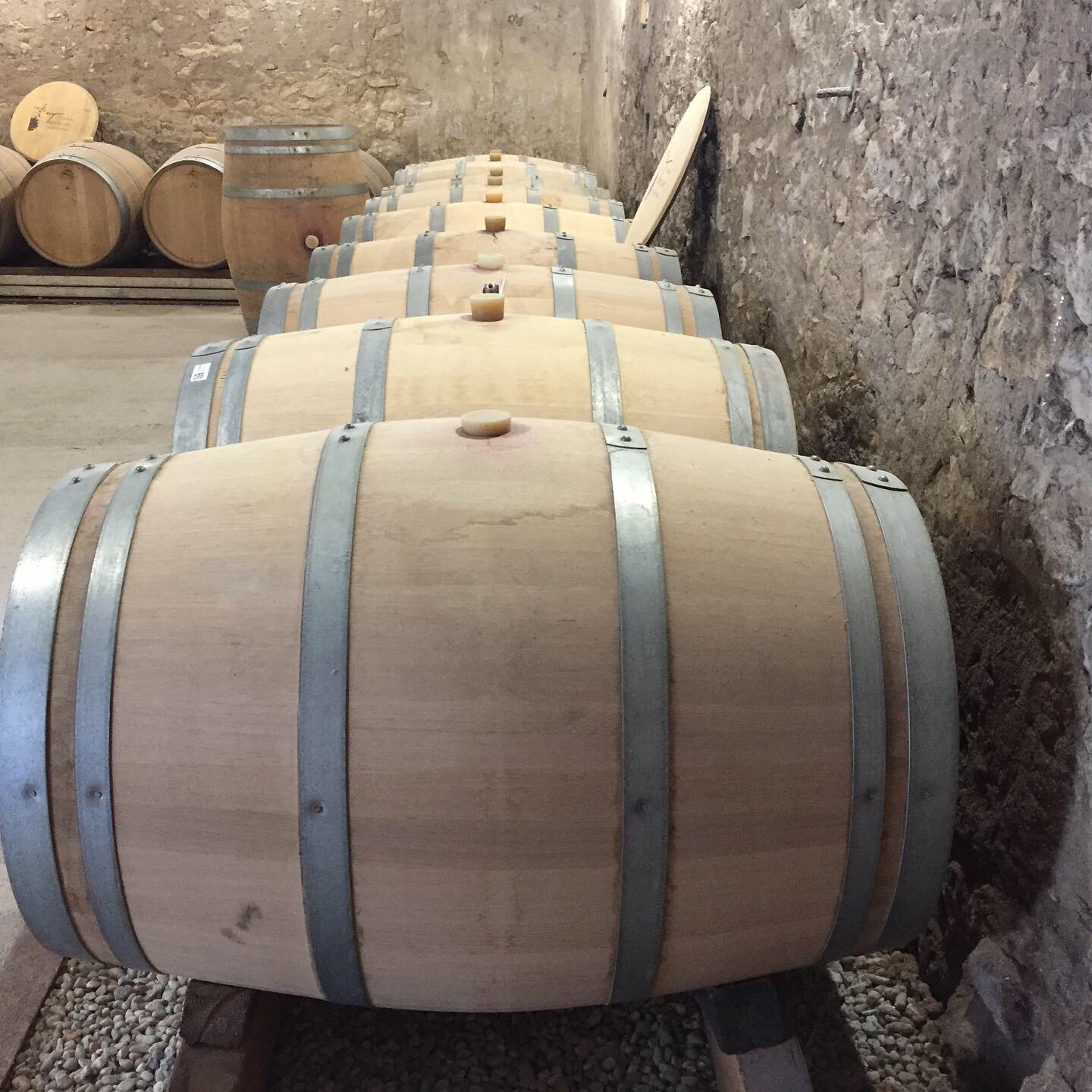 Visite du chai du Château Tercesne — rangées de barriques neuves en pierre